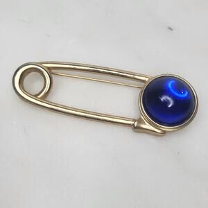 Vintage Swank Gold Tone Safety Pin Brooch Blue Cabochon Stone Lapel Pin MCM